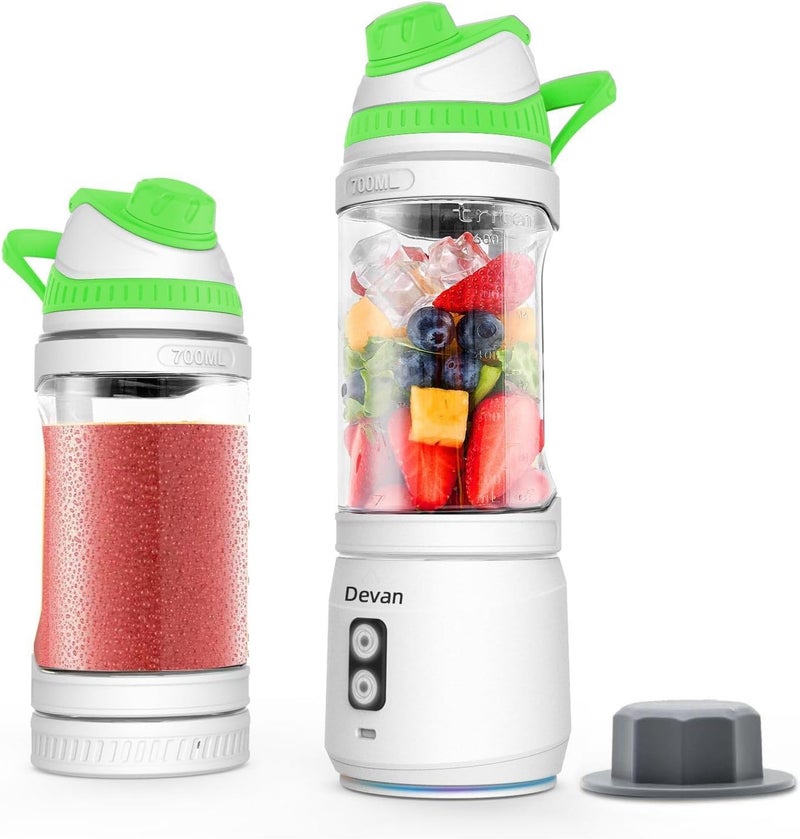 Devan Portable Blender, Anti-Jamming 300 Watt for Shakes and Smoothies, 24oz Travel Blender USB Rechargeable, BPA Free Sporty bottle with a Travel Lid. (Black Base Grey Lid) (White Base Green Lid) - Image 1